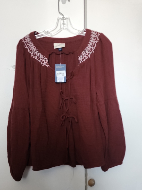 Universal Thread Tops - Universal Thread Cotton Gauze Blouse Brown Bishop Sleeve Tie Front Prarie XL